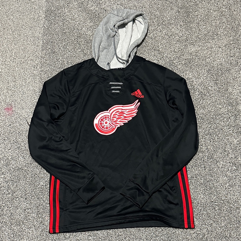 Adidas Black Hoodie with Red Accents and Gray Hood
